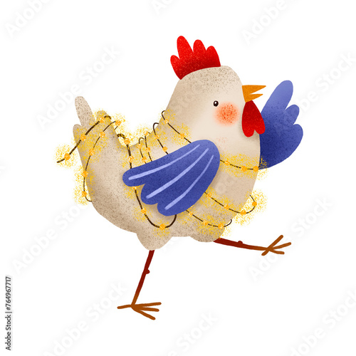 A joyful hand-drawn rooster with a glowing garland. Birthday illustration. Cute kids cartoon holiday illustration for children's birthday and baby shower