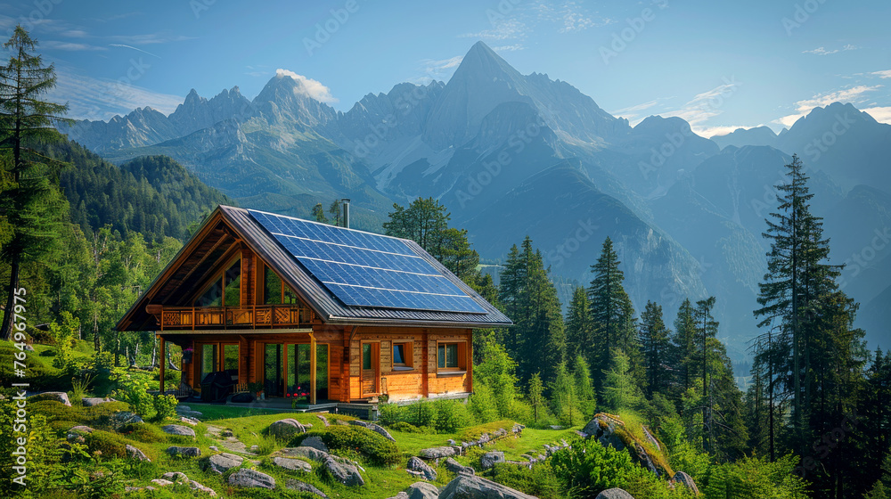 Eco retreat: solar panel roof, mountain backdrop