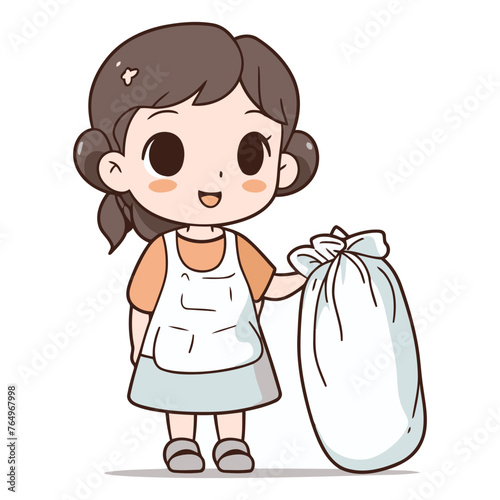 Illustration of a Cute Little Girl Holding a Bag of Garbage