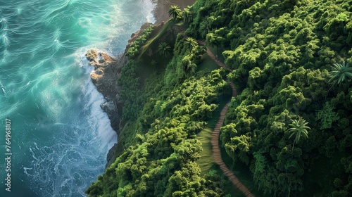 Coastal Cliffside Paradise Aerial View of Serene Trail with Stunning Ocean Panorama