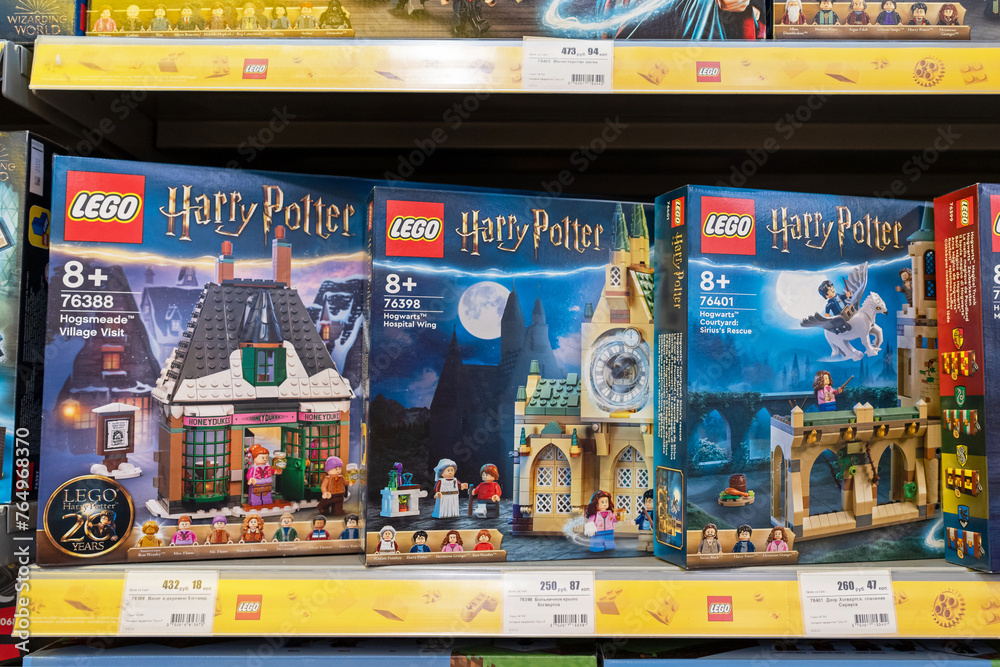 Fototapeta premium Lego Harry Potter building kits at the Lego Store. A box collection set of the Harry Potter series. Minsk, Belarus - March 22, 2024