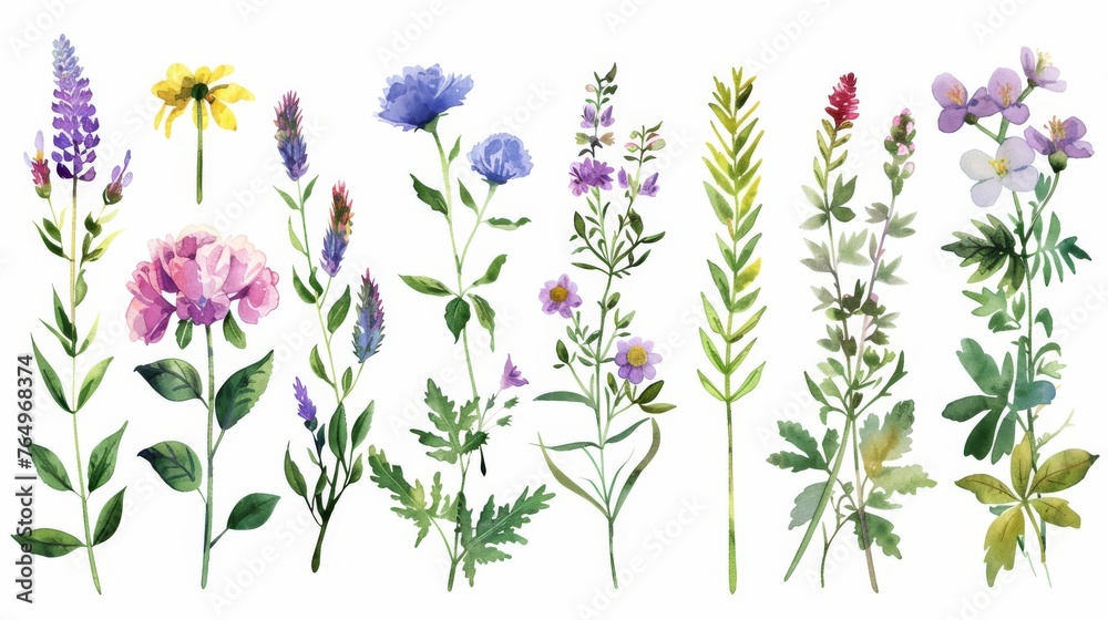 Herbs and flowers set in watercolor, modern illustration