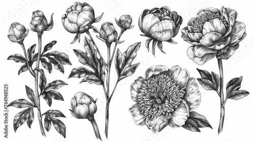A hand drawn illustration of ornate peonies with the flowers, leaves and stems easily separated and removed from the engraved plate.
