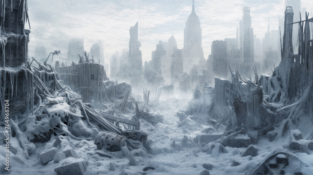 A Chilling Vision of a Frozen Cityscape, Featuring Buildings Enveloped in Ice and Snow under a Hazy Sky