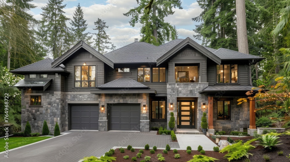 Gray wood siding, stone columns, and two parking spaces are elements of this elegant home design in Bellevue with a contemporary curb appeal.