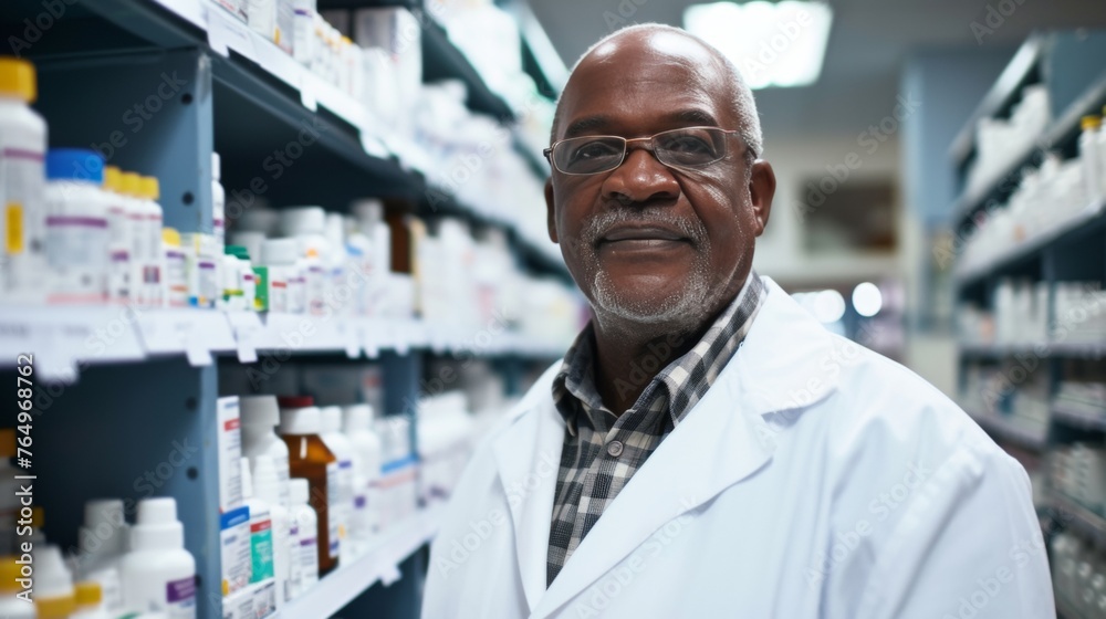 Portrait of smiling Africa-American male pharmacist in a drug store Portrait of smiling Africa-American male pharmacist in a drug store