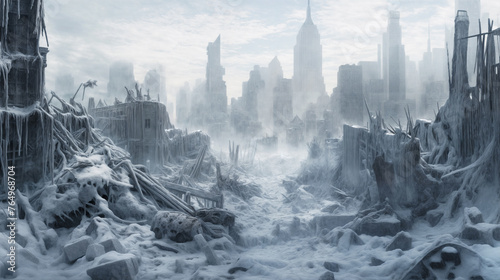 A Chilling Vision of a Frozen Cityscape, Featuring Buildings Enveloped in Ice and Snow under a Hazy Sky © Damian