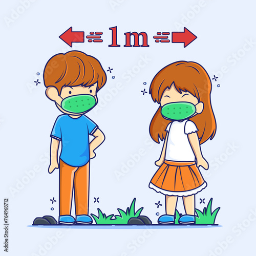 Keep distance people cartoon vector illustration. Social distancing concept icon