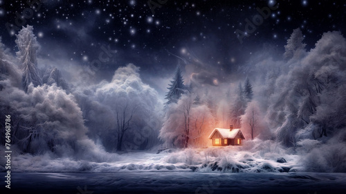 A Snow-Covered Cabin Illuminated by Warm Light, Nestled in a Mystical Forest Under a Starry Winter Night Sky