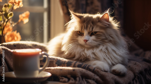 Cat Enjoying Morning Coffee in Warm Sunlight