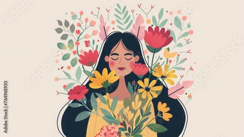 Modern illustration of a date, a woman, and a bouquet of flowers for Women's Day.