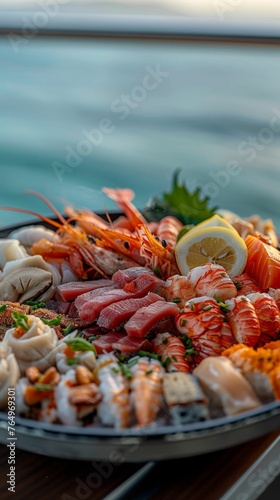 Served on a yacht with a scenic ocean view in the background, an exquisite seafood platter features prawns, squid, and mussels.