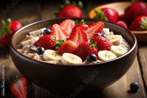 Superior view of oat porridge with bananas of strawberries dried and brown fruits   generative IA