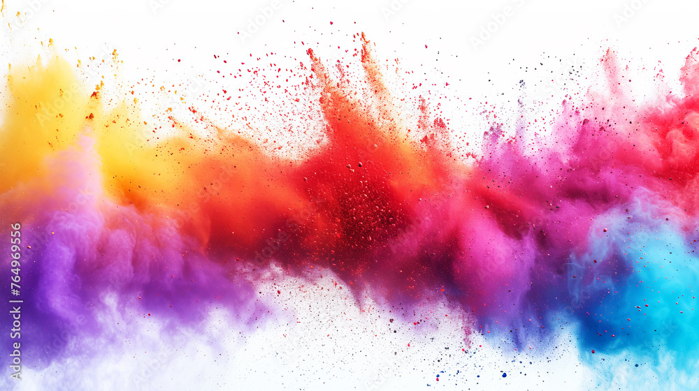 Vibrant explosion of colored powder on a white background. Artistic expression concept. Generative AI
