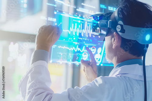 A male doctor in a high-tech facility assesses vital statistics through augmented reality glasses, indicating advancements in medical tech