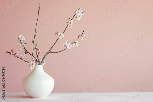 Blooming peach branches in a white vase against a pastel pink wall with copy space on the right. Decor element, style, design.