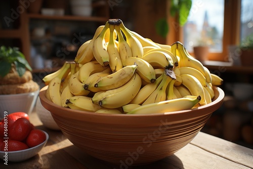 A bowl of bananas is on a counter and one of them is labeled as bananas., generative IA