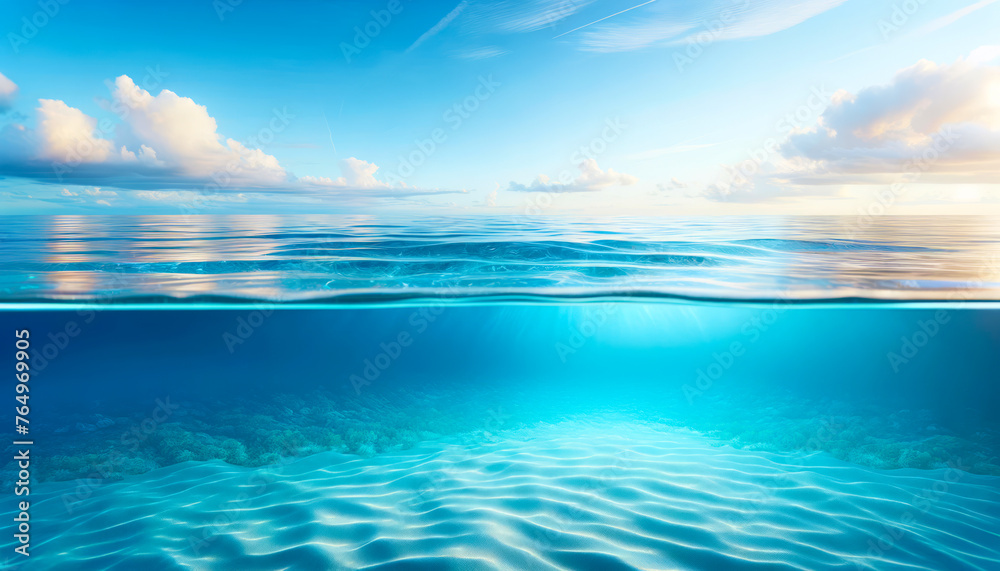 Underwater and surface view of a clear blue ocean with sunlight. Serenity concept. Generative AI