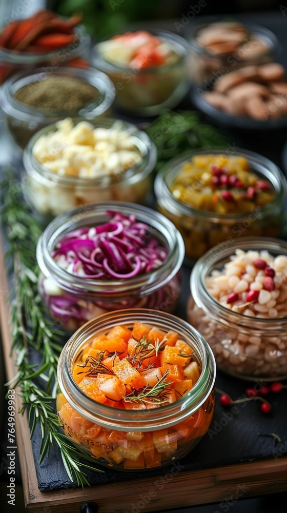 Arranged artistically on a dark wooden background are colorful jars of pickled vegetables, accompanied by vibrant flowers and herbs. Arranged artistically on a dark wooden background are colorful jars of pickled vegetables, accompanied by vibrant flowers and herbs.