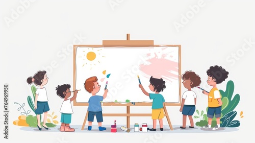 On a large whiteboard the children are painting their dreams. The illustration is in a flat design style minimal modern style.