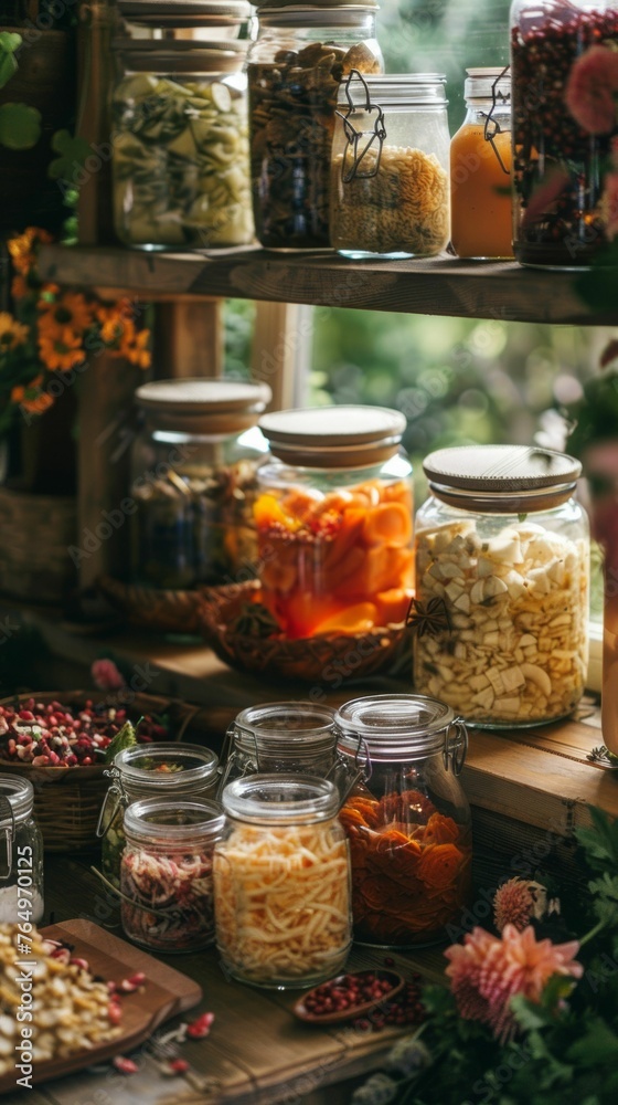On a dark wooden background, vibrant flowers and herbs are arranged artistically alongside colorful jars of pickled vegetables.
