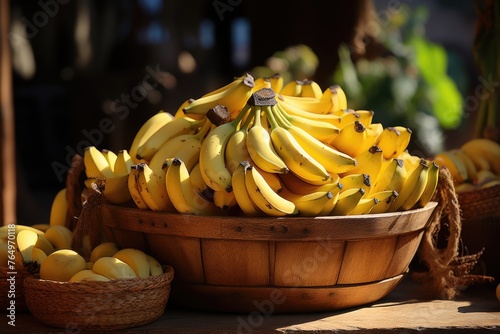Superior view of almond sliced ??bananas in a wooden bowl and bunch of fresh banan, generative IA