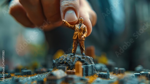 Close-up of man in suit picking up a figurine of businessman, Support or patronage of capitalists by politicians or powerful people, Generative AI