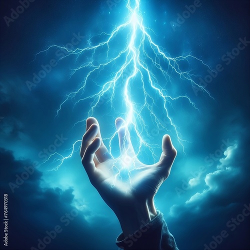Hand holding up a lightning bolt. Energy and power. Stormy background. Blue glow. Zeus, thor created with generative ai