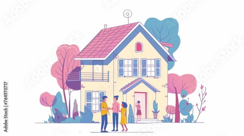 The house is surrounded by people greeting one another. This is an illustration of a real estate agency in flat design style.