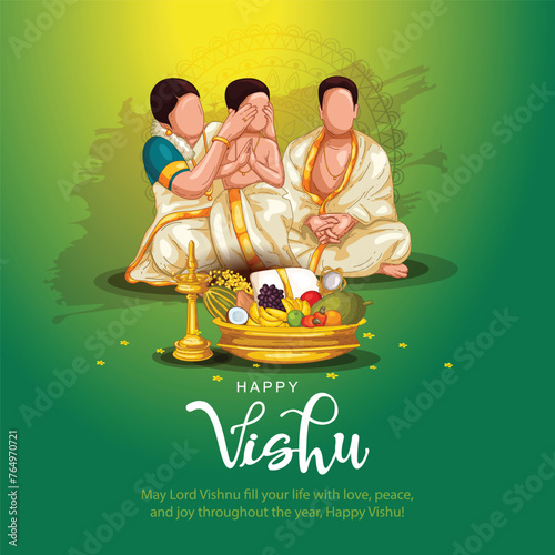 kerala festival Happy Vishu greetings. family watching Vishukani in the day of Vishu.flower, Fruits and vegetables in a bronze vessel. abstract vector illustration design photo