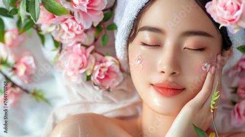 beautiful japanese woman in a face spa with flowers