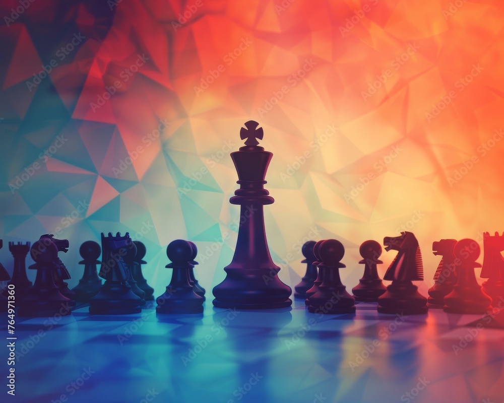 Chess king standing tall among pawns on an abstract background, illustrating strategic leadership and individual authority - obrazy, fototapety, plakaty 