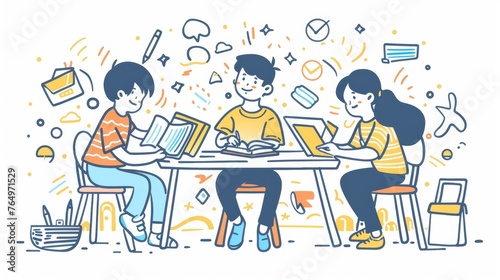 Several children in a home school  learning and interacting with their teachers. Minimal flat design modern illustration.
