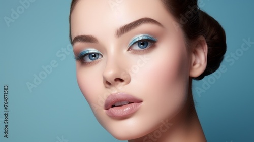 A woman with blue eyes and light blue eyeshadow