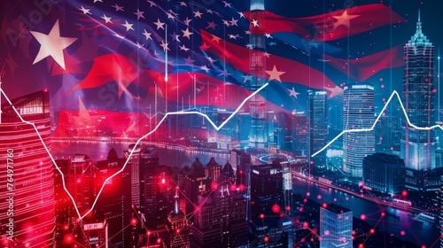Dual narrative of USA and China flags over cityscapes with intertwining stock market lines, showing economic ties