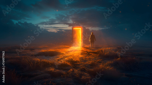 A mysterious glowing door in the sky, surrounded by a field of flowers and a dramatic cloudy sky.