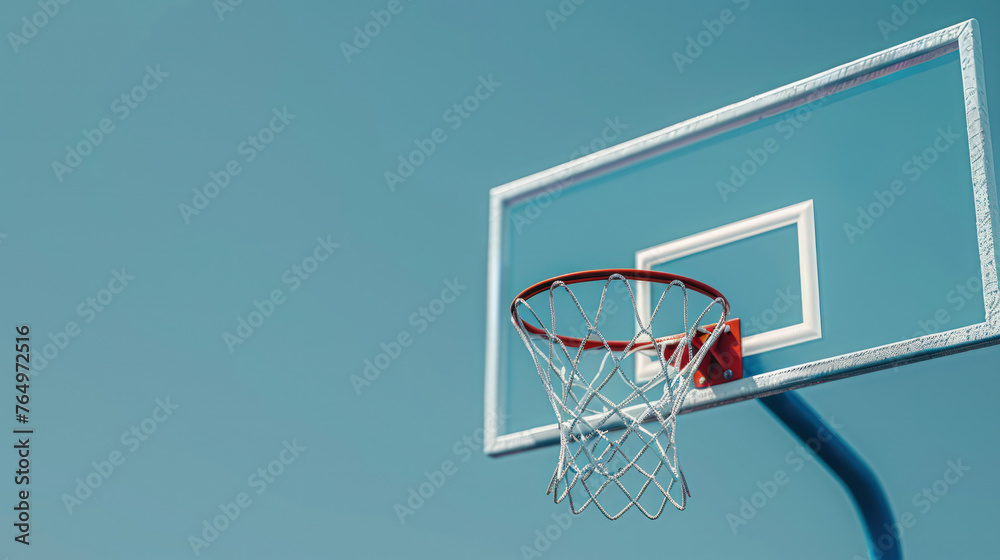 Red basketball hoop with a clear glass backboard over blue background with copy space, Generative AI