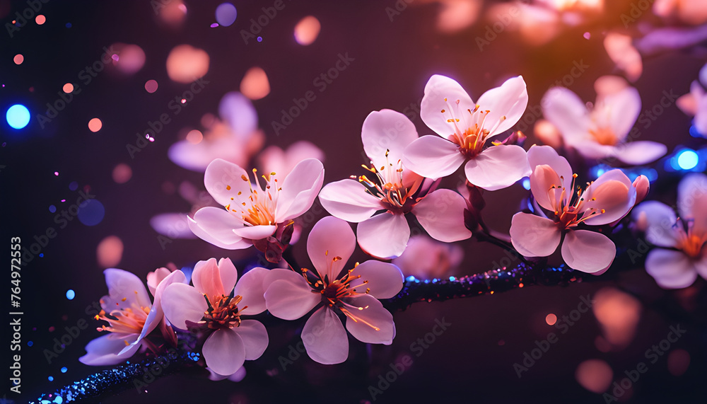 Pink Peach Blossom blooming on a Branch in night with defocused bokeh lights