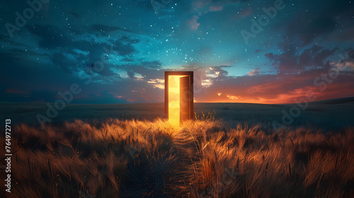 A mysterious glowing door in the sky, surrounded by a field of flowers and a dramatic cloudy sky.