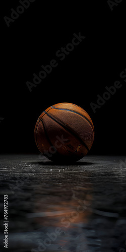 Mobile vertical wallpaper photograph of a basket ball product photography, studio light, black background. Story post.