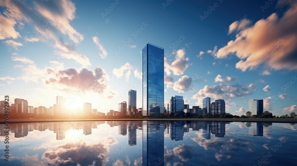 Fototapeta premium Photorealistic Tall building and behind it a beautiful and sky