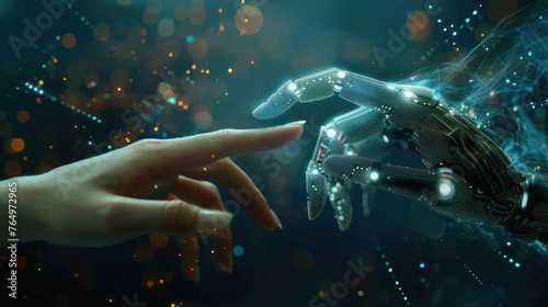Hands of robot and human touching together on Sci-fi background, Development of artificial intelligence technologies and robotics concept, Generative AI