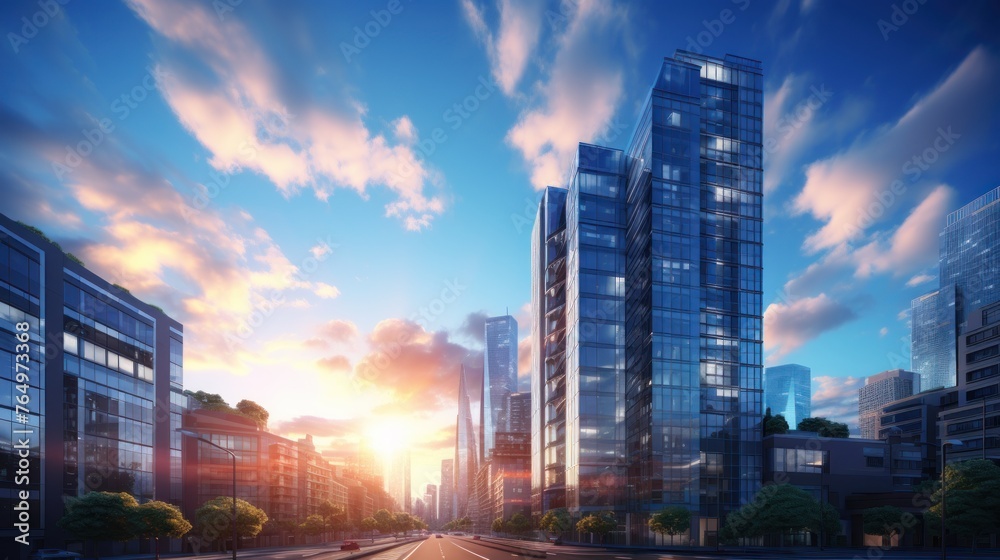 Obraz premium Photorealistic Tall building and behind it a beautiful and sky