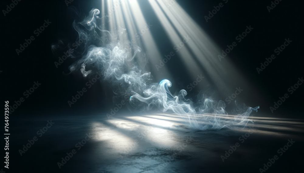 Ethereal blue smoke trails on dark background with spotlight. Visual art and design concept. Generative AI - obrazy, fototapety, plakaty 