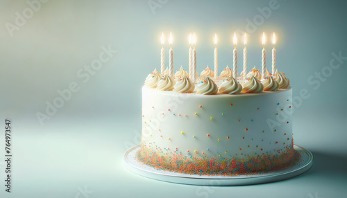 Sophisticated birthday cake with delicate candles and light sprinkle accents on a calm background. Generative AI