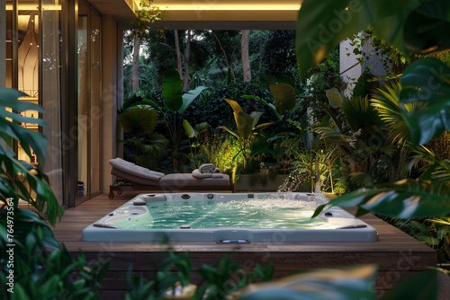 Luxurious Outdoor Jacuzzi with Tropical Ambiance at Evening