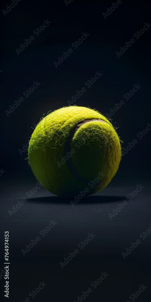 Mobile vertical wallpaper photograph of a tennis ball product photography, studio light, black background. Story post.