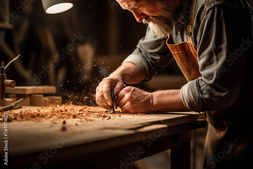 Bearded Craftsman Precision Carving Wood in Sunlit Workshop