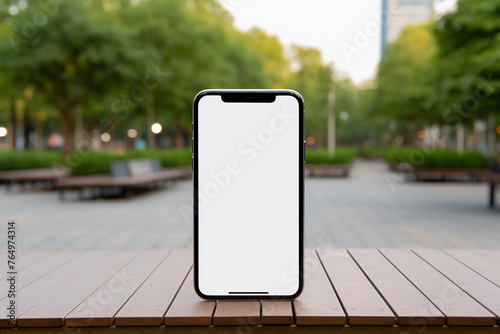 Smartphone Mock-up on Wooden Bench in Urban Park