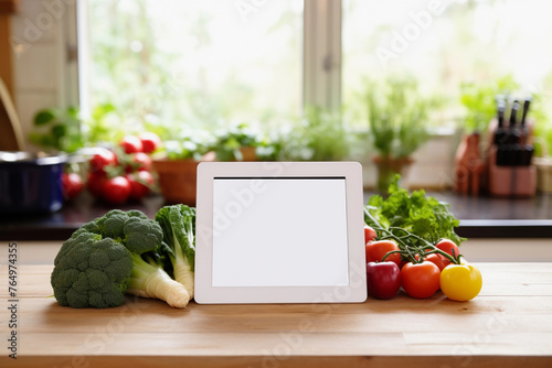 Modern Kitchen with Fresh Vegetables and Tablet